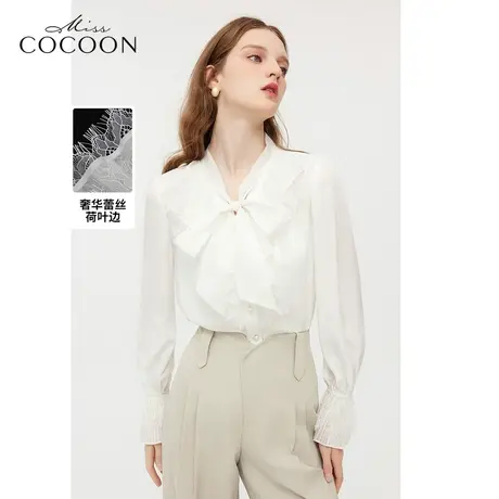 【秋上新】missCOCOON斜纹肌理感衬衫23秋睫毛花边蝴蝶结雪纺小衫图片