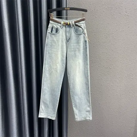 韩版休闲牛仔哈伦裤女2024春季新款浅蓝色高腰洋气撞色百搭长裤潮图片