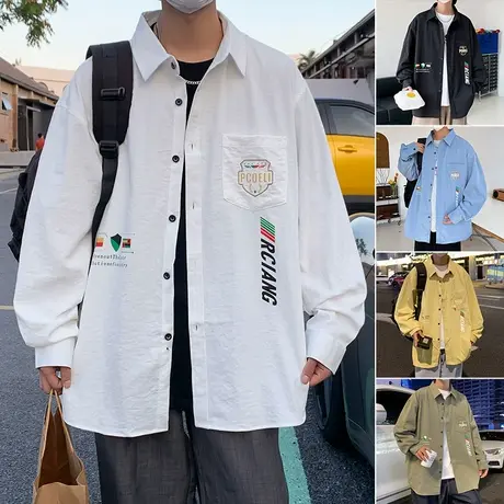 vintage美式休闲工装长衬衫男港风日系潮流痞帅衬衣百搭情侣外套图片