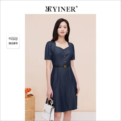 YINER音儿线上专选女装2023夏季复古方领连衣裙配腰带图片