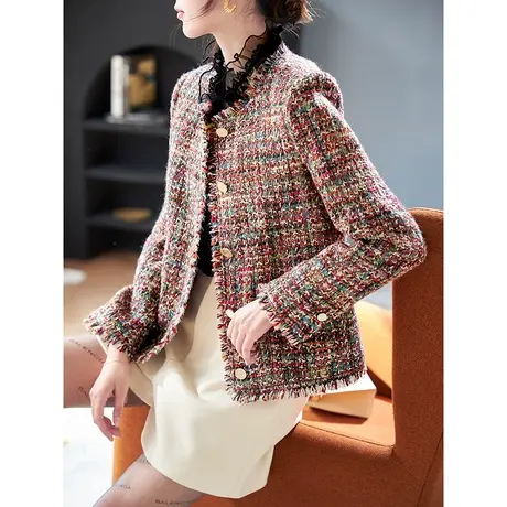 宝诗黎小香风圆领花呢羊毛外套女2024春季新款气质高级感短款上衣图片