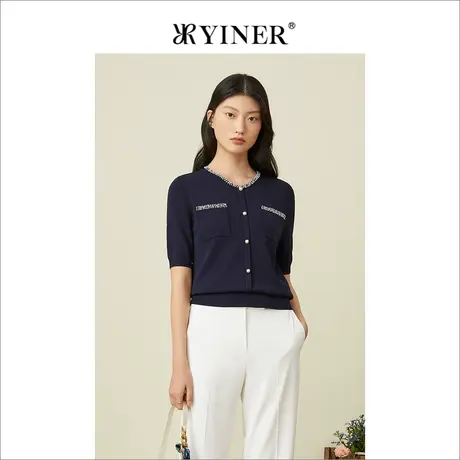 YINER音儿女装2022夏季钉珠上衣女莱赛尔薄款针织衫女商品大图