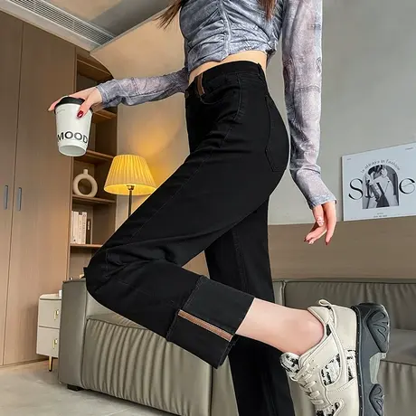 黑色烟管牛仔裤女2024年春秋新款八九分小个子高腰窄版直筒法棍裤商品大图