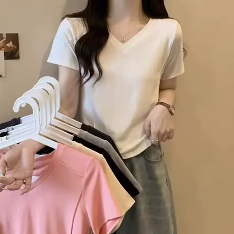 小个子短款V领打底衫女内搭夏季修身显瘦短袖T恤紧身半袖上衣服潮商品大图