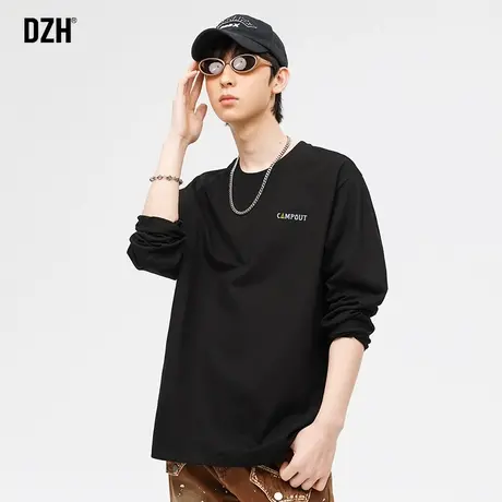 男士黑色纯棉t恤男长袖潮牌春季2024新款美式高街上衣体恤打底衫商品大图