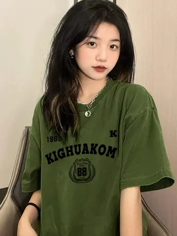 绿色纯棉短袖t恤女美式复古夏季小众设计感宽松半袖上衣oversize商品大图