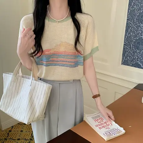 日系复古冰丝设计感短袖t恤女2023新款夏季针织衫高级感气质上衣商品大图