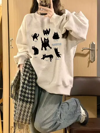 春秋美式复古卫衣女小个子薄款宽松港风chic高级感圆领套头上衣潮商品大图