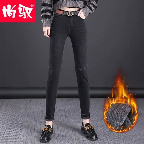 尚驭高腰牛仔裤女士黑色发热小脚裤加绒显瘦显高2023年秋冬新款潮商品大图