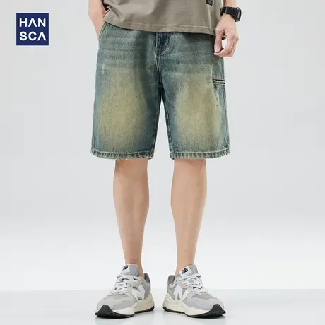 hansca复古做旧破洞牛仔短裤男夏季新款潮流百搭宽松阔腿五分裤子商品大图