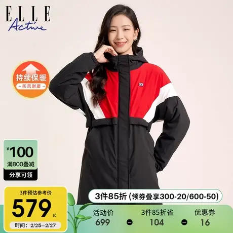 ELLE Active黑色运动收腰中长款棉服女2023秋冬款防风派克服潮图片