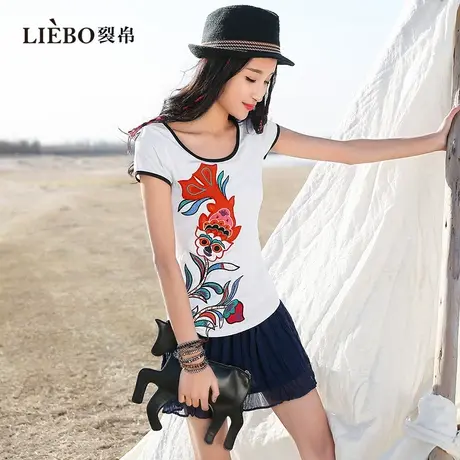 【预】裂帛设计感鲤鱼刺绣短袖T恤女原创小众舒适修身圆领上衣夏商品大图