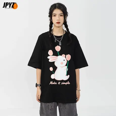 日系本命年兔子印花T恤情侣装潮牌半袖宽松衣服男女款纯棉短袖夏商品大图