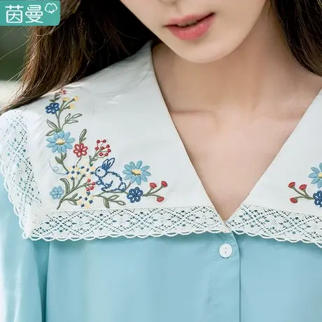 茵曼旗舰店2024春女装新款时尚文艺刺绣撞色花边翻领宽松衬衫衬衣图片