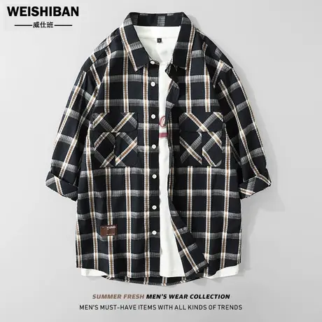 夏季格子衬衫男装潮流日系休闲青年五分袖衬衣帅气百搭天丝薄寸衣商品大图