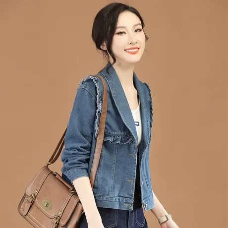 韩潮袭人西装领拼接长袖牛仔短外套女2023秋新款百搭显瘦夹克薄款图片