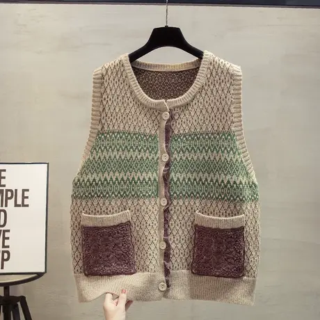 蕾丝复古圆领针织开衫马甲背心女2023秋装新款宽松马夹毛衣坎肩潮商品大图