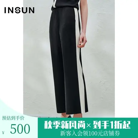 恩裳2023夏装新款舒适挺括黑色裤子女侧边撞色直筒休闲裤图片
