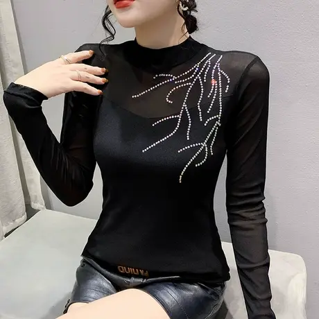 性感网纱打底衫女士春秋欧货微透心机气质上衣设计感烫钻T恤长袖商品大图