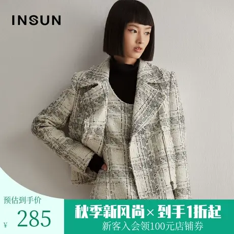 【2件85折】恩裳冬季条纹流苏宽松休闲短款粗花呢西装外套图片