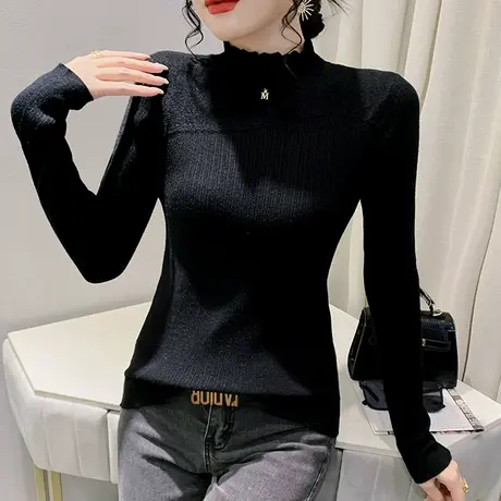 欧货半高领毛衣女士春秋2023新款蕾丝拼接针织打底衫显瘦修身上衣图片