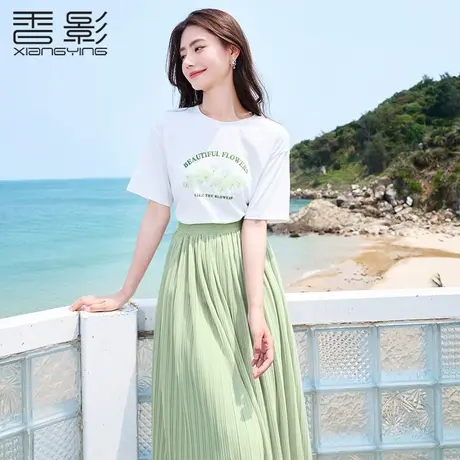 香影白色短袖t恤女2023夏装新款设计感圆领半袖字母印花宽松上衣商品大图