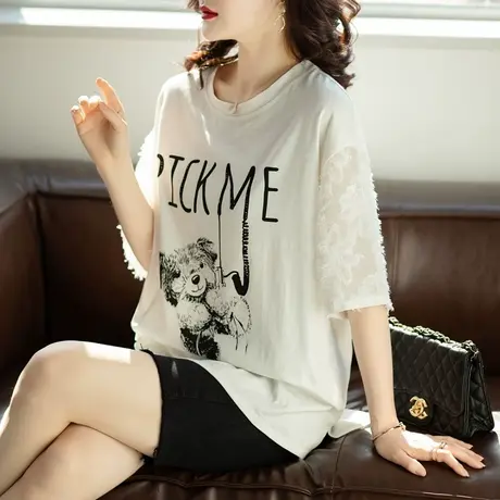 短袖t恤女夏季设计感白色中长款大码女装胖MM宽松2023年新款纯棉图片