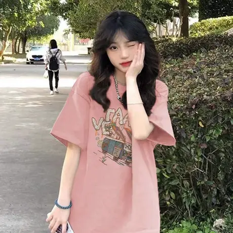 夏季粉色宽松短袖t恤女2023新款中长款纯棉温柔多巴胺上衣穿搭潮商品大图