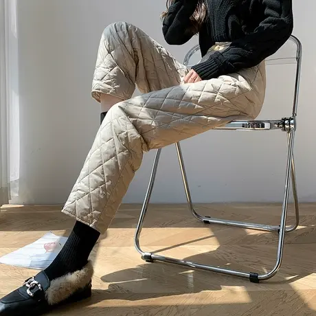 卡其色羽绒裤女外穿时尚冬季高腰宽松显瘦加厚九分休闲阔腿直筒裤图片