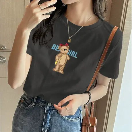 小熊灰色上衣基础款正肩纯棉短袖t恤女士夏季宽松网红显瘦打底衫图片