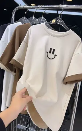 2023春新款欧货双层袖笑脸拼接半袖打底衫百搭洋气磨毛短袖T恤女图片