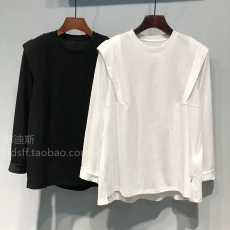 2023秋装韩国ulzzang新款纯色双侧开叉宽松韩范垫肩长袖T恤上衣女商品大图