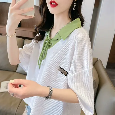 小个子短袖t恤女2023新款夏季韩版宽松撞色短款翻领polo衫上衣服图片