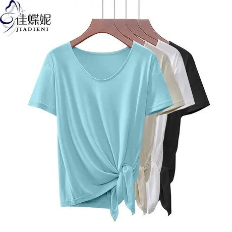 夏季新款韩版纯棉宽松休闲圆领不规则短袖体恤上衣纯色女装T恤商品大图
