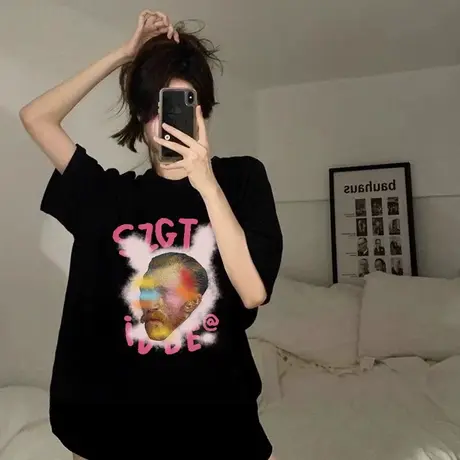 美式复古潮牌短袖t恤女小众设计感夏季2023新款宽松半袖上衣纯棉商品大图