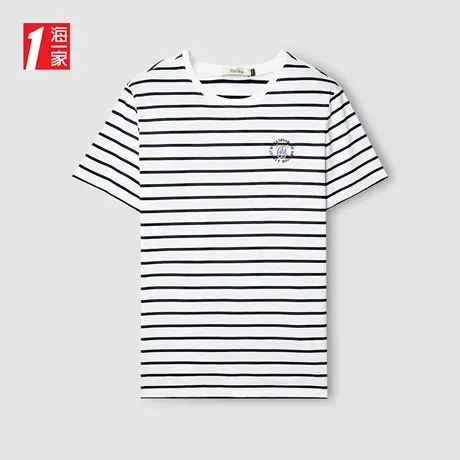 海一家经典条纹短T2023夏季新款时尚质感绣花休闲男士短袖T恤商品大图