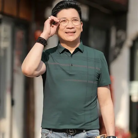 爸爸夏装t恤短袖翻领中年男士40-50岁上衣老年人丝光棉半袖polo衫商品大图