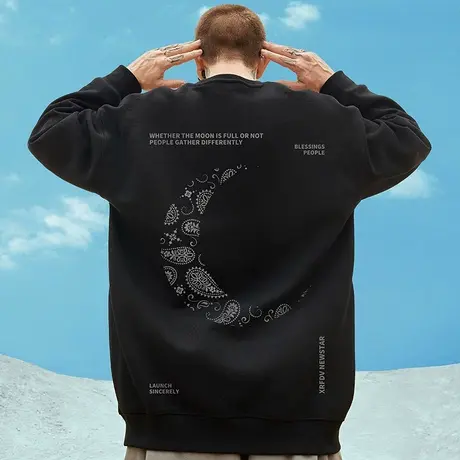 大码无帽美式潮牌胖子男装加绒加厚潮流宽松国潮情侣圆领卫衣秋冬商品大图