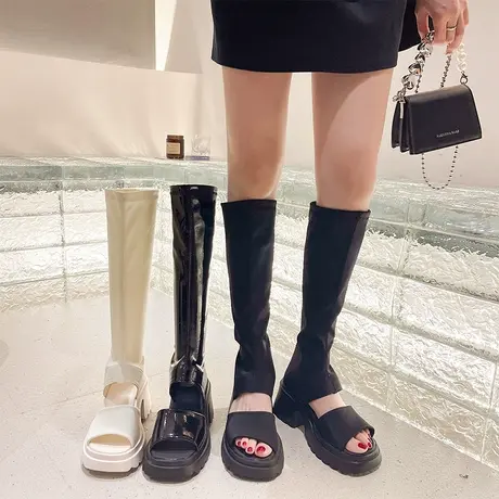 欧美春夏新款凉靴女款厚底镂空长靴时尚舒适弹力靴网红高筒鱼嘴靴商品大图