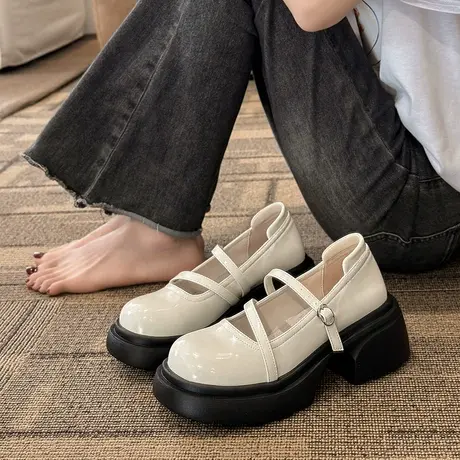 英伦风小皮鞋女夏季2023新款时尚百搭厚底单鞋小个子高跟玛丽珍鞋商品大图