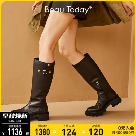 BeauToday高筒靴女秋季厚底皮带扣BT英伦风真皮显瘦设计小众皮靴商品大图
