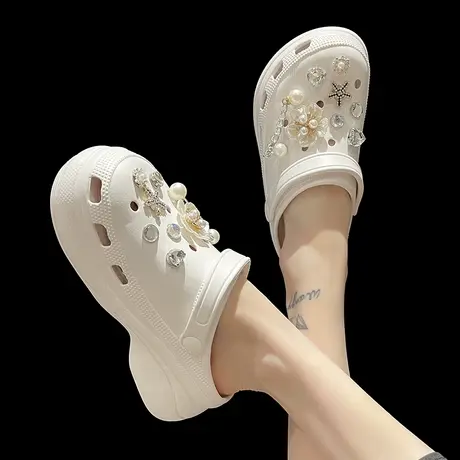 洞洞鞋女外穿时尚2023夏季新款水钻珍珠链条增高厚底包头半拖凉鞋商品大图