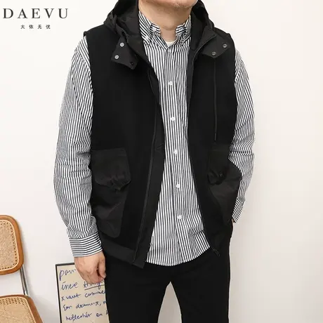 DAEVU春秋新款大号潮胖子加肥加大码男士短款连帽针织坎肩马甲商品大图