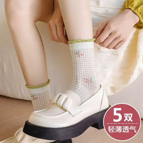 甜美可爱花边袜子女春夏季薄款中长筒棉袜配白色小皮鞋乐福鞋凉鞋商品大图