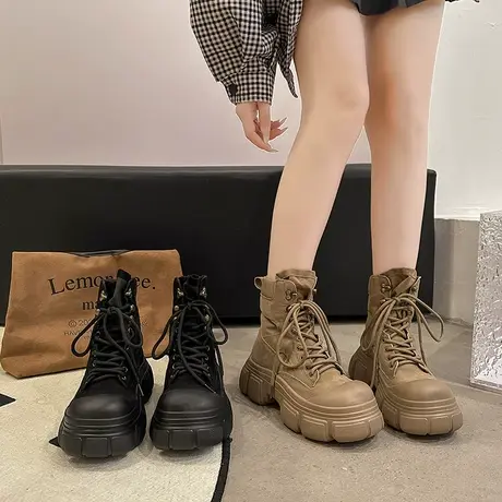 厚底靴子女2023新款秋冬小个子增高小短靴工装显瘦超火高跟马丁靴图片