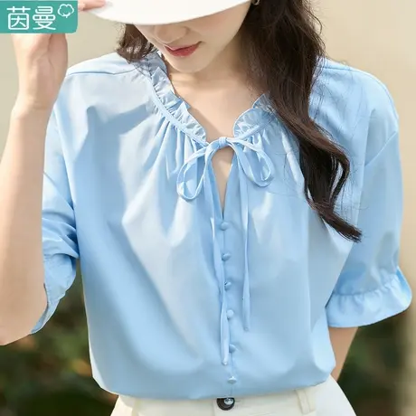 茵曼法式短袖白衬衣女装2023夏季新款小个子衬衫温柔系凡尔赛上衣图片