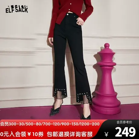妖精的口袋网纱裤脚黑色牛仔裤女2023秋季新款微喇裤显瘦休闲裤子商品大图