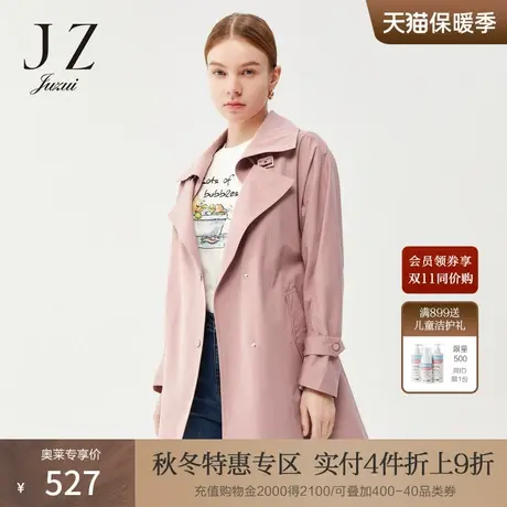 JZ玖姿纯色韩系时尚风衣2022春秋新款女光泽感系带休闲中长款外套商品大图