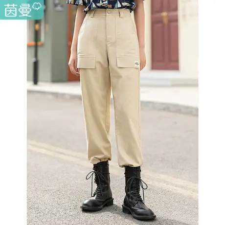 茵曼2023夏装新款单纽扣开襟口袋英文小标牌松紧裤脚休闲长裤百搭商品大图