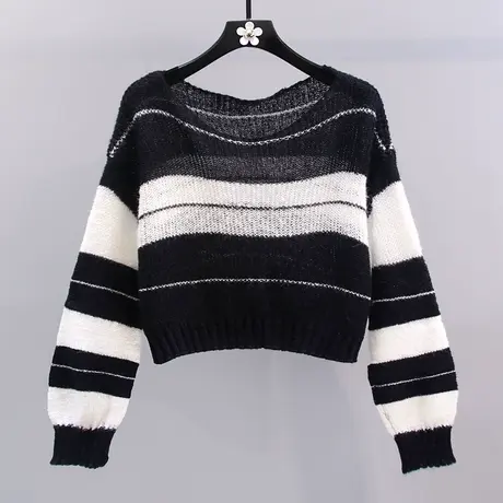 韩系一字领条纹毛衣女早秋2023新款宽松慵懒风时尚休闲短款针织衫图片